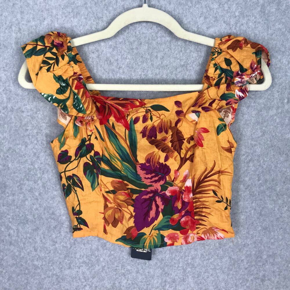 Rachel Roy Crop Tank Top XS Ruffle Smocked Back Linen Milkmaid Corset Tropical